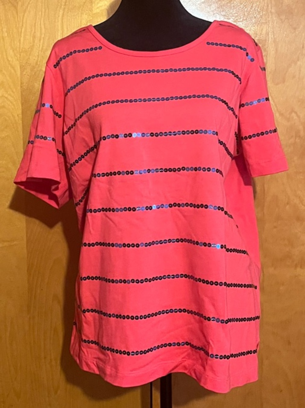 Quacker Factory XL Red Short-Sleeve Blue Sequin Stripe Top